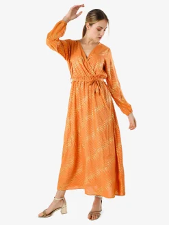 Solada Abito lungo da donna a maniche lunghe con stampa a righe dorate - arancione