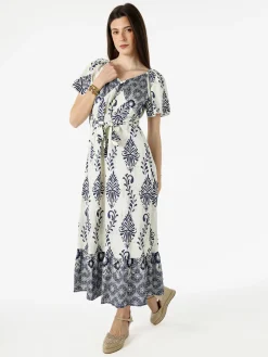 Solada Abito lungo da donna a maniche corte con scollo a V - blu