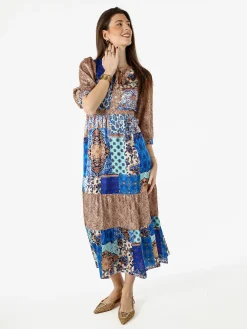 Solada Abito lungo da donna con stampe colorate e maniche a 3/4 - blu