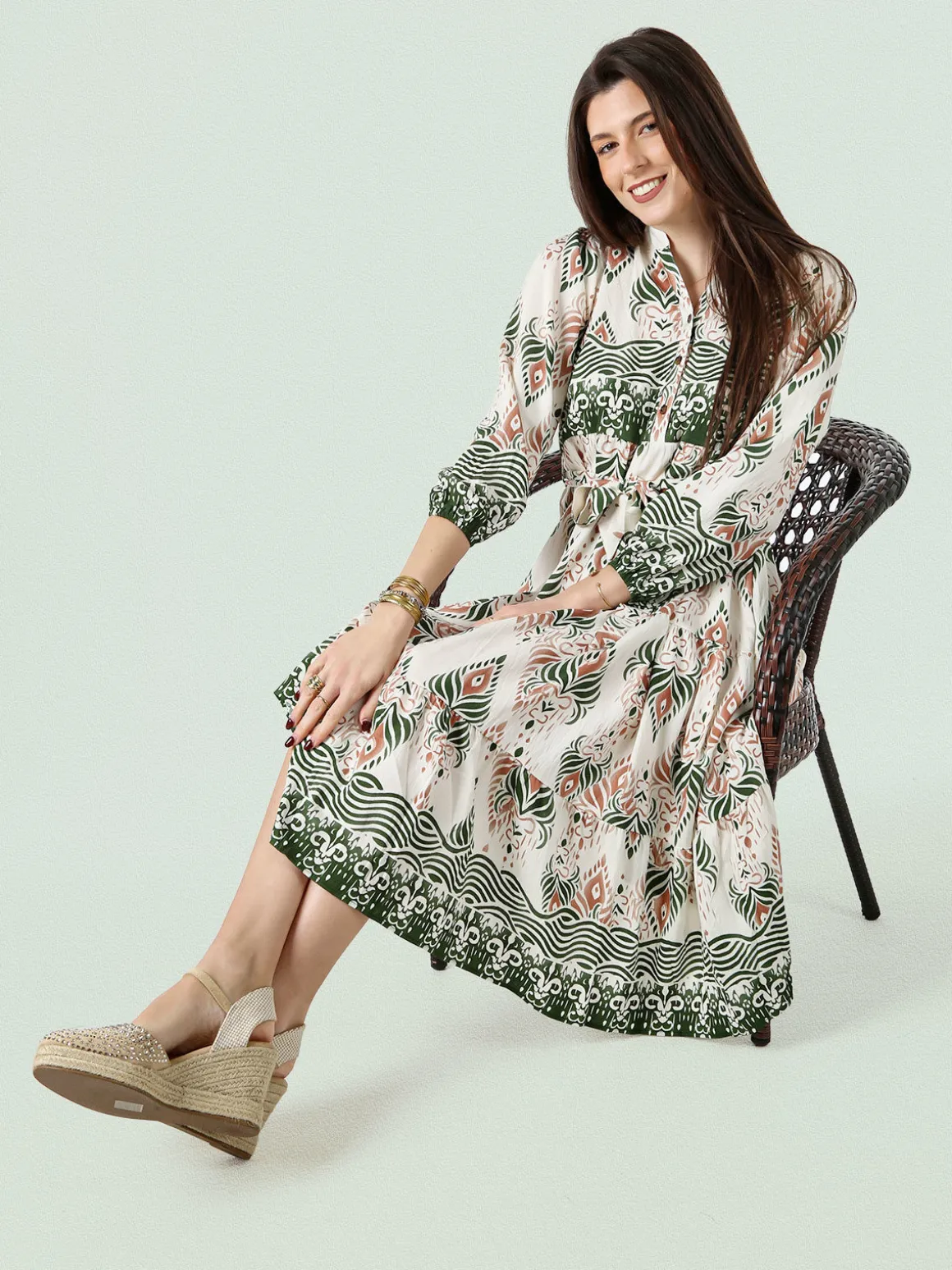Solada Abito lungo da donna con stampe e maniche lunghe - verde