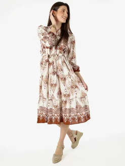 Solada Abito lungo da donna con stampe e maniche lunghe - cammello