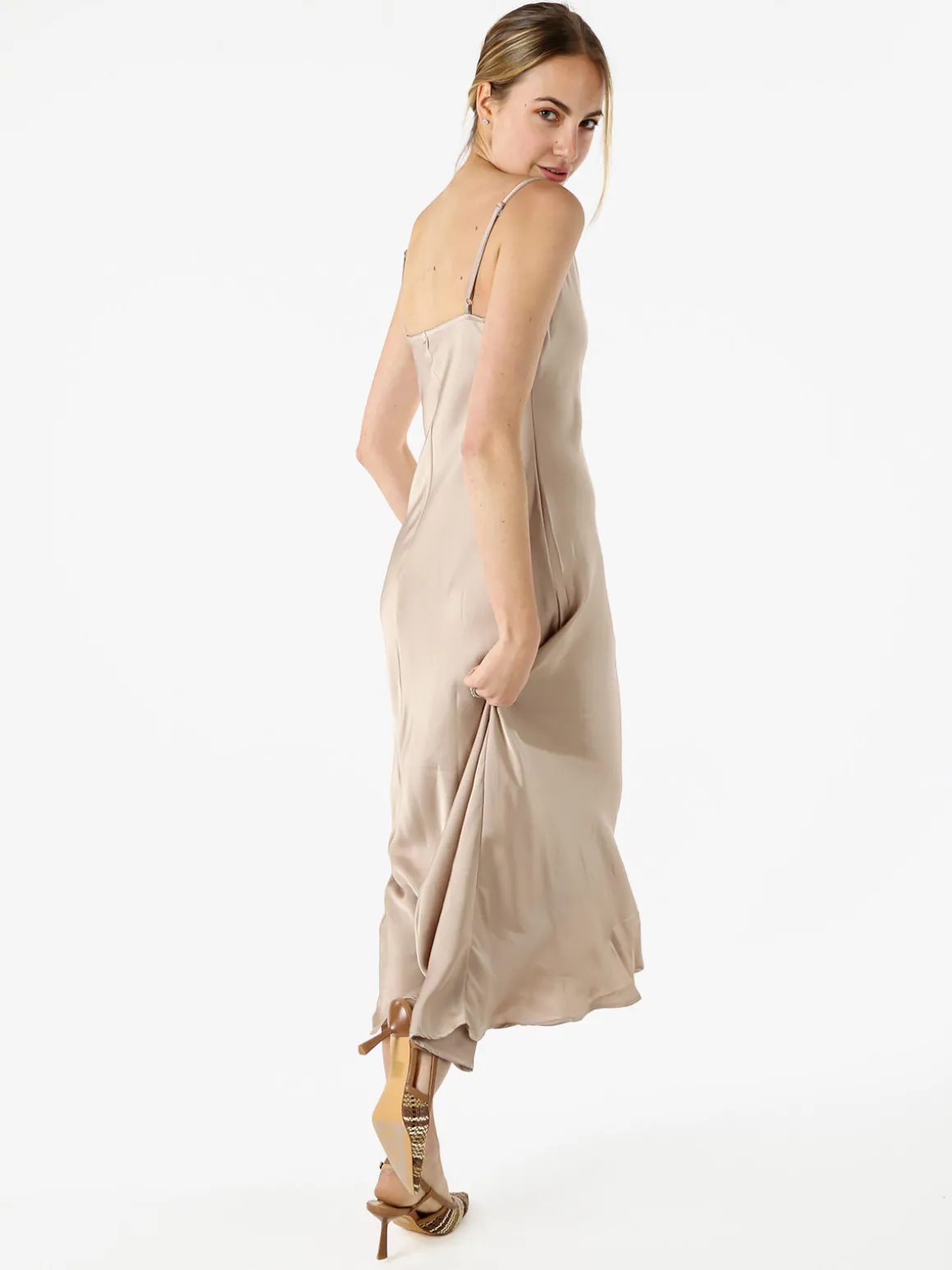 Solada Abito lungo da donna con spalline sottili e scollo a cascata - beige