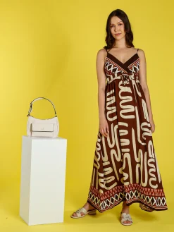 Solada Abito lungo da donna in viscosa con stampe e spalline strette - marrone