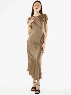 Solada Abito lungo da donna in tessuto simil raso a maniche corte - khaki