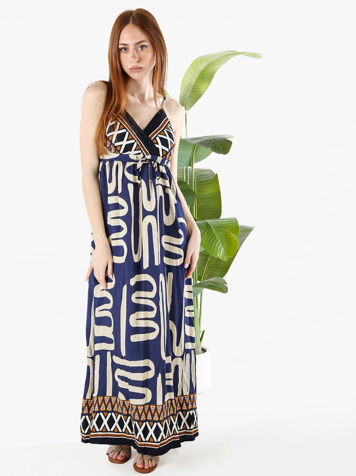 Solada Abito lungo da donna in viscosa con stampe e spalline strette - blu