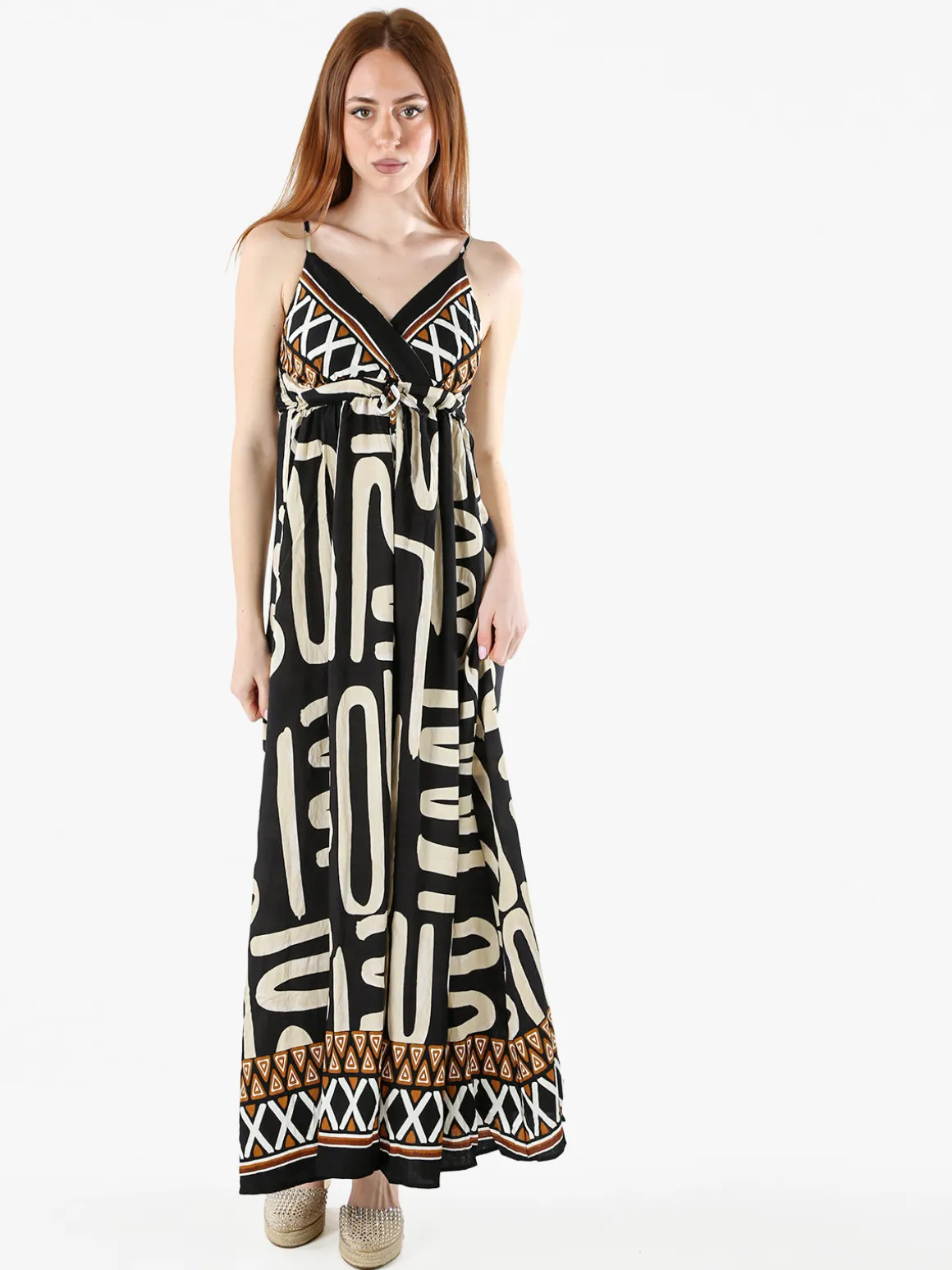 Solada Abito lungo da donna in viscosa con stampe e spalline strette - nero
