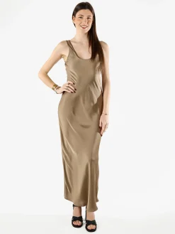 Solada Abito lungo da donna smanicato in tessuto simil raso - khaki