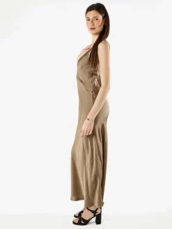 Solada Abito lungo da donna smanicato in tessuto simil raso - khaki