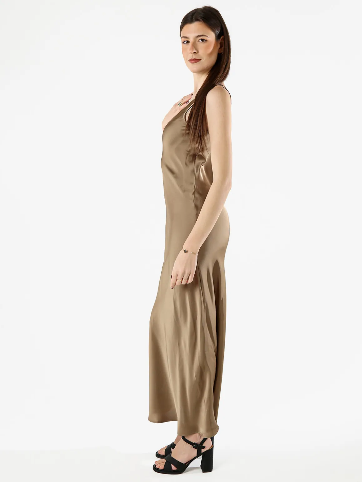 Solada Abito lungo da donna smanicato in tessuto simil raso - khaki