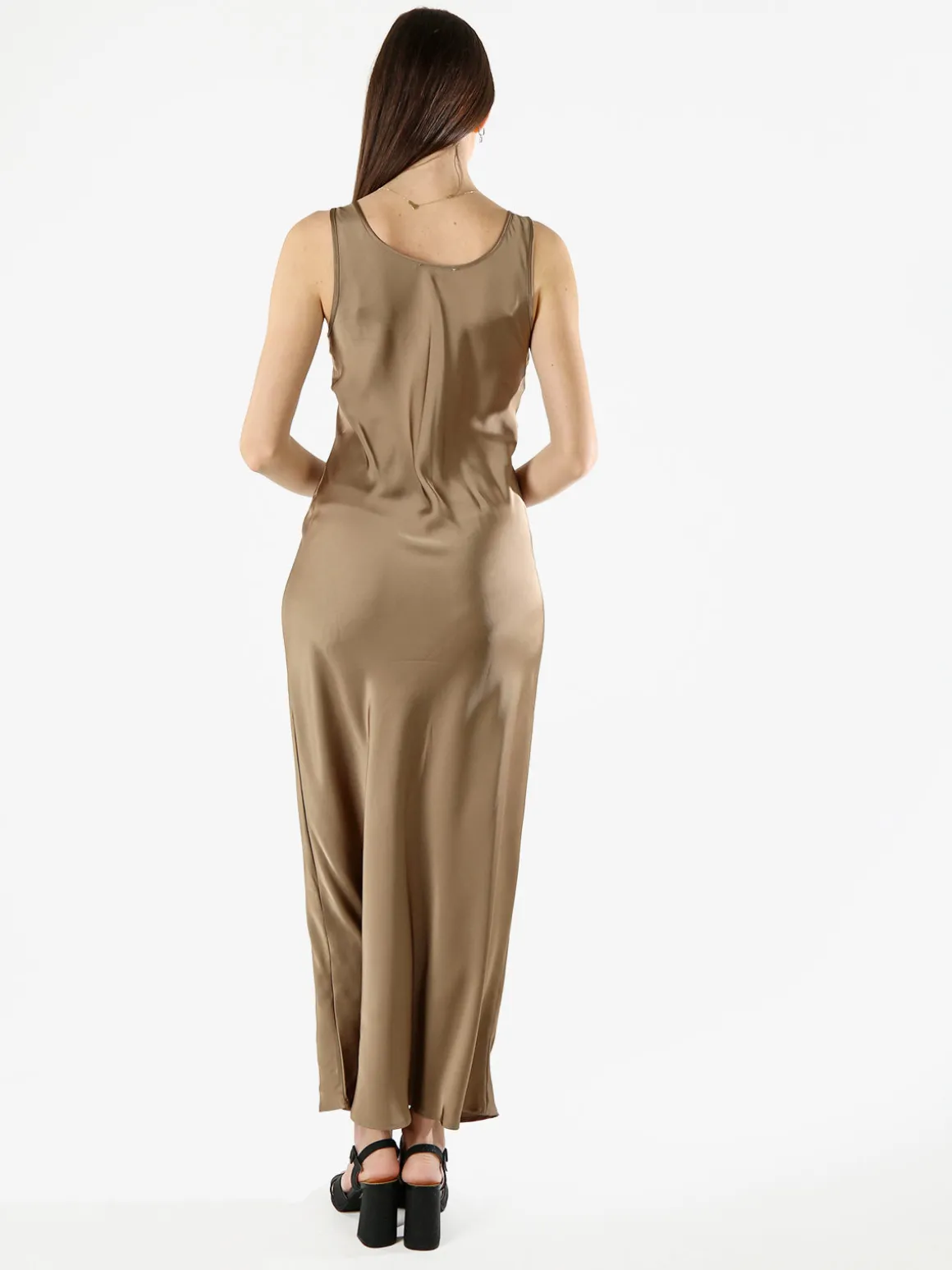 Solada Abito lungo da donna smanicato in tessuto simil raso - khaki