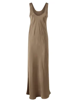 Solada Abito lungo da donna smanicato in tessuto simil raso - khaki