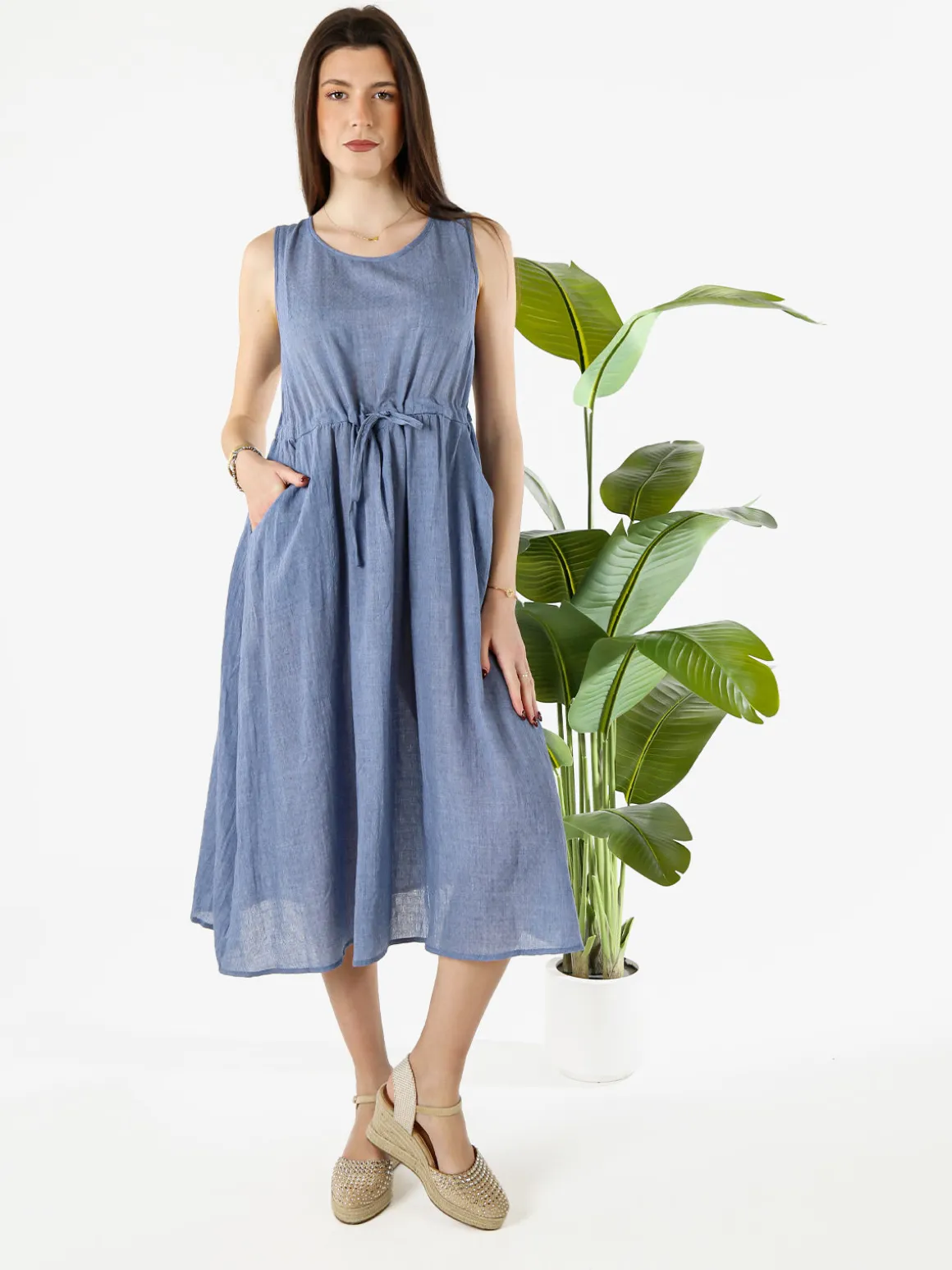 Solada Abito lungo da donna smanicato in misto cotone - blu