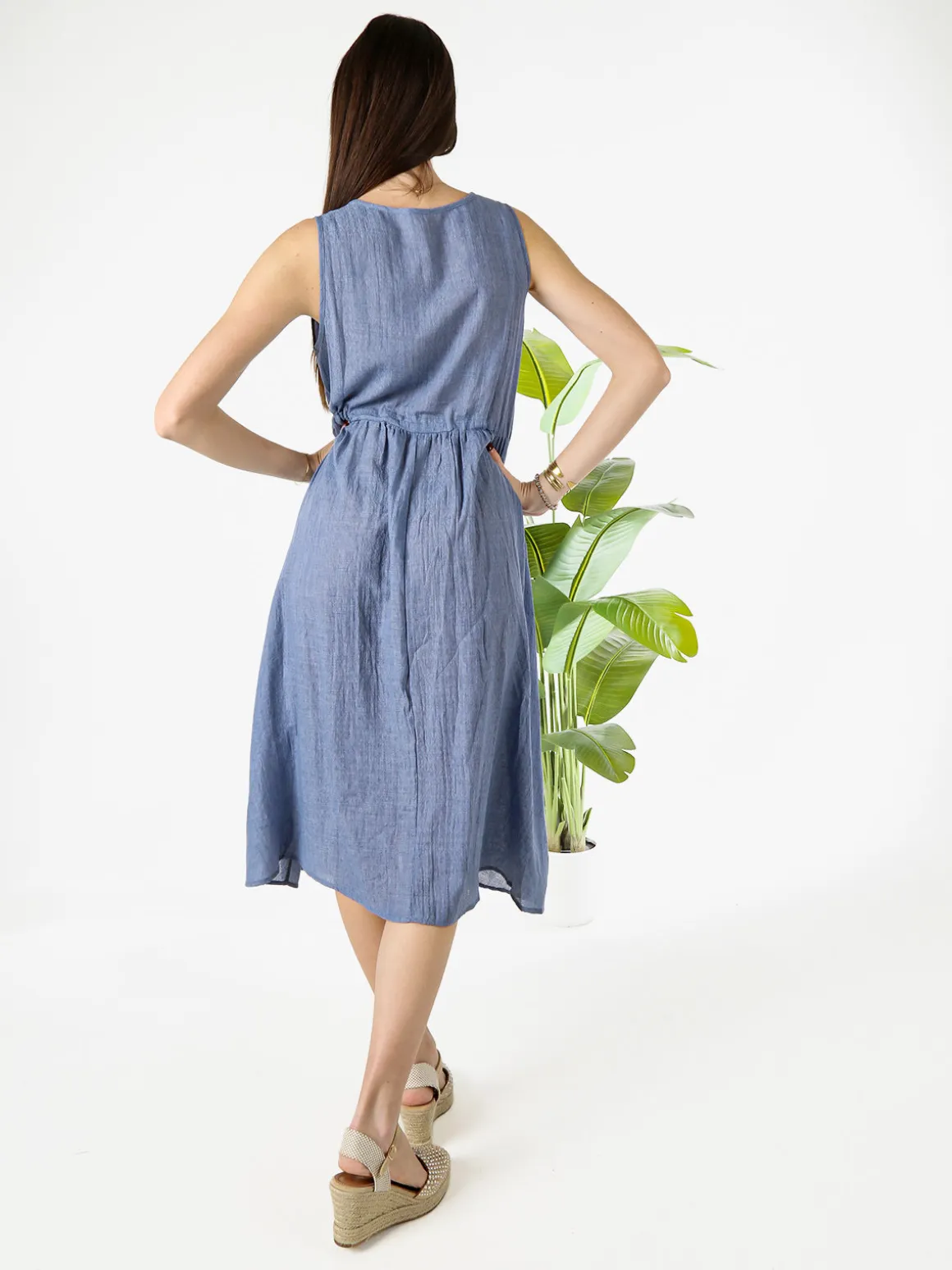 Solada Abito lungo da donna smanicato in misto cotone - blu