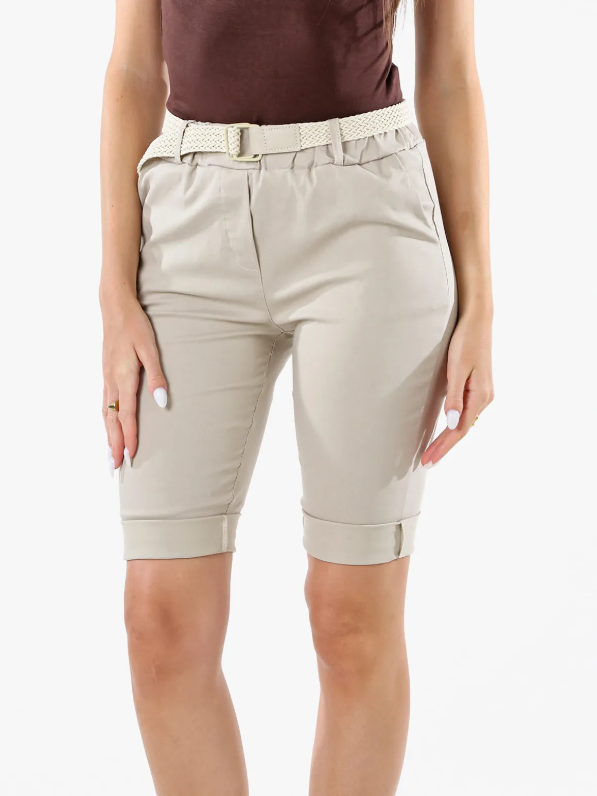 Solada Bermuda donna in tessuto elasticizzato con cintura in corda - beige