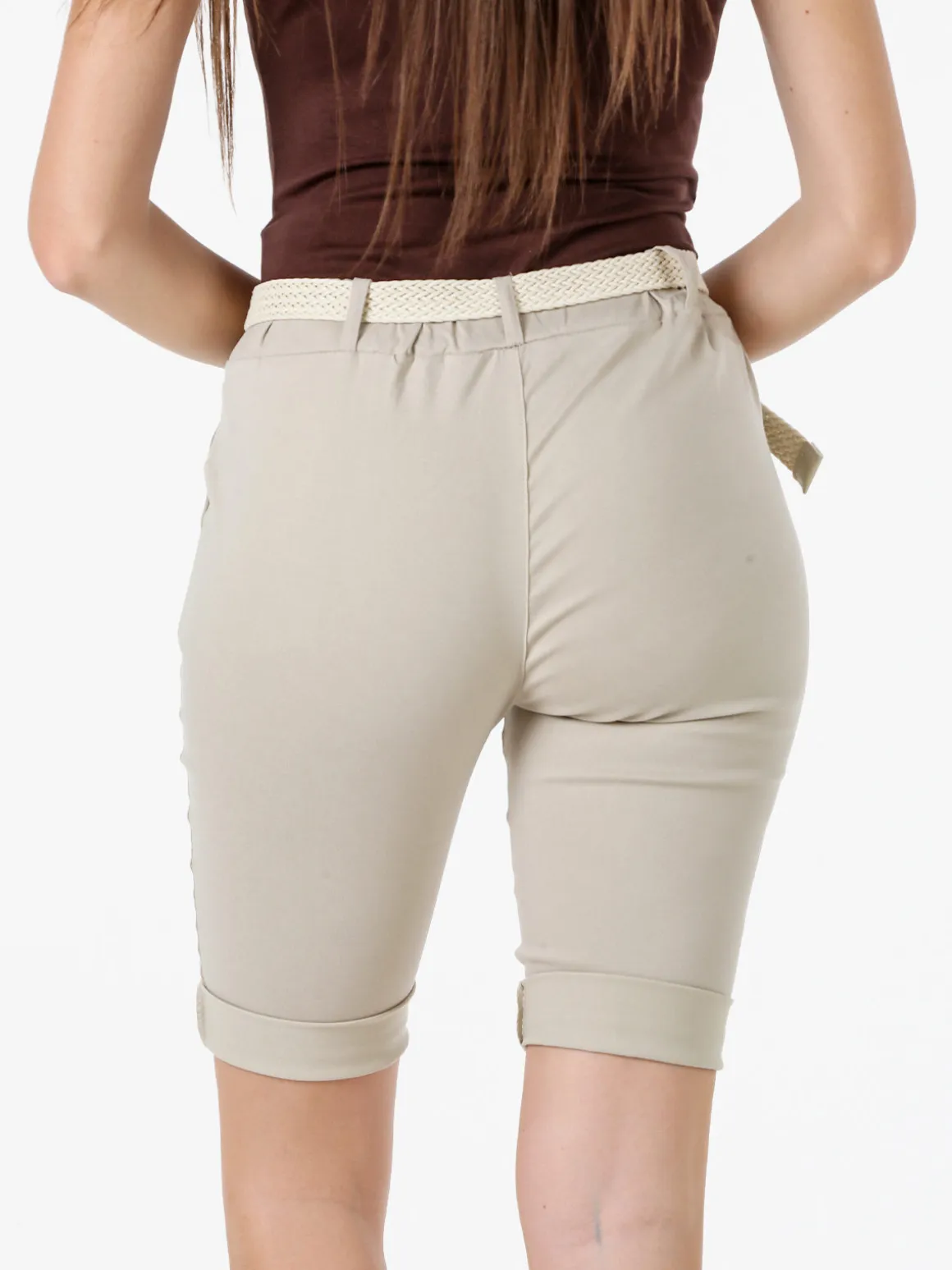 Solada Bermuda donna in tessuto elasticizzato con cintura in corda - beige