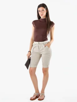 Solada Bermuda donna in tessuto elasticizzato con cintura in corda - beige