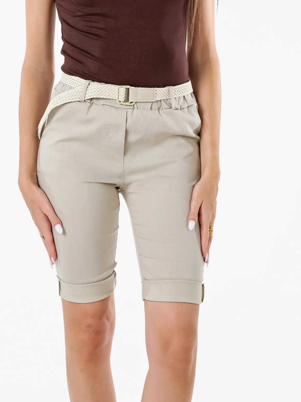 Solada Bermuda donna in tessuto elasticizzato con cintura in corda - beige