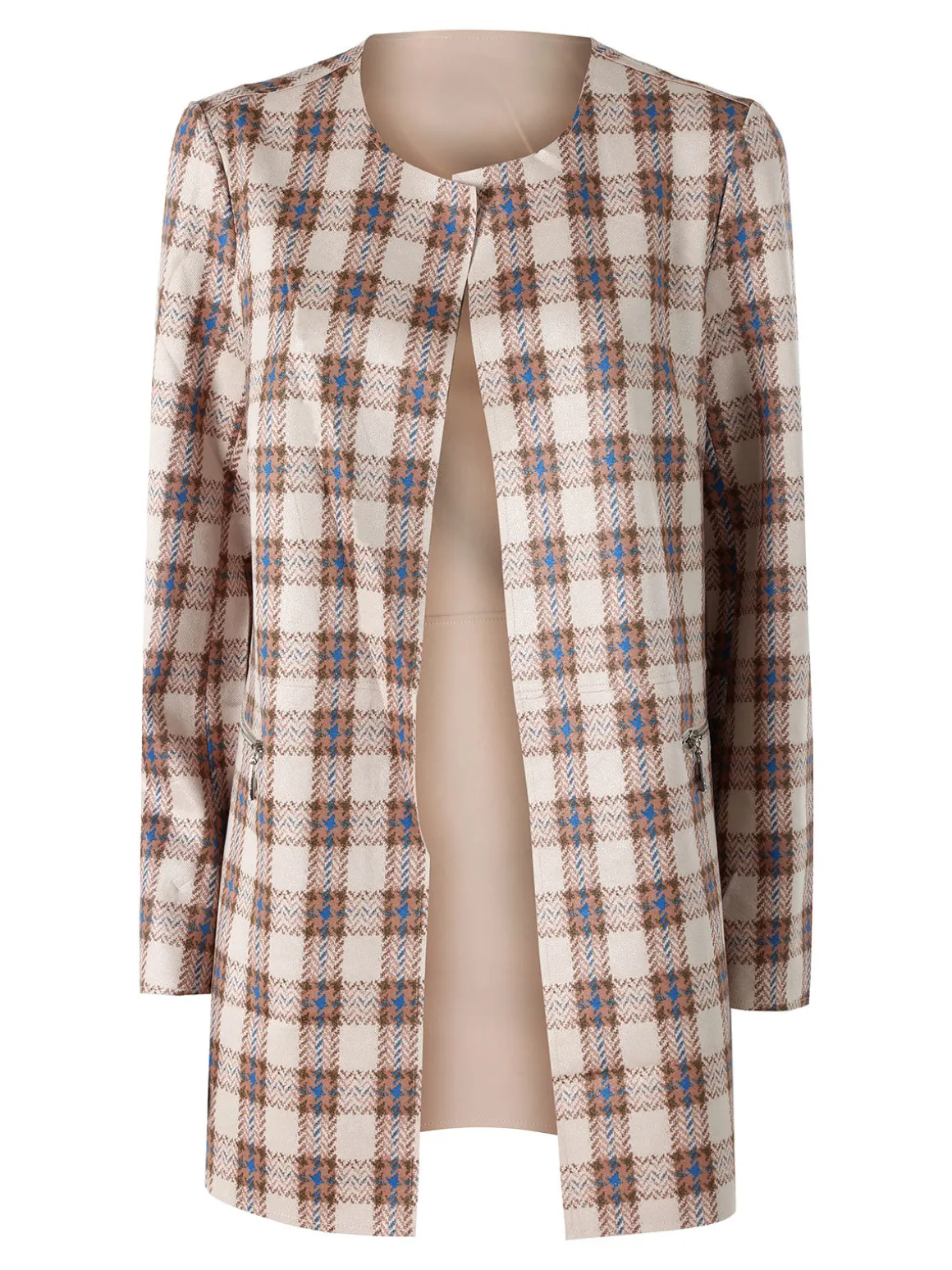 Solada Blazer donna aperto in tessuto scamosciato con stampe a quadri - cammello
