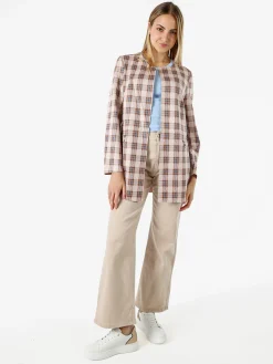 Solada Blazer donna aperto in tessuto scamosciato con stampe a quadri - cammello