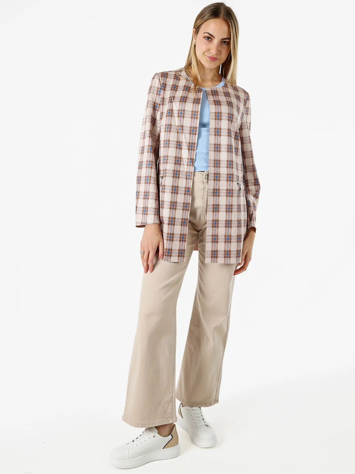Solada Blazer donna aperto in tessuto scamosciato con stampe a quadri - cammello