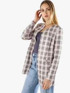 Solada Blazer donna aperto in tessuto scamosciato con stampe a quadri - fango