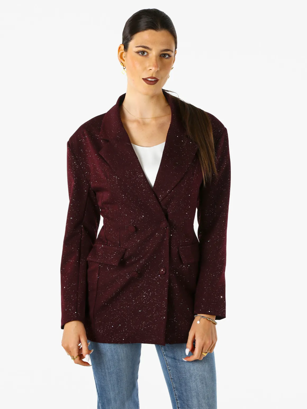 Solada Blazer donna elegante con brillantini e chiusura a doppiopetto - bordeaux