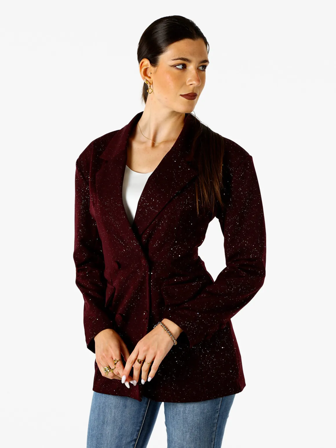Solada Blazer donna elegante con brillantini e chiusura a doppiopetto - bordeaux