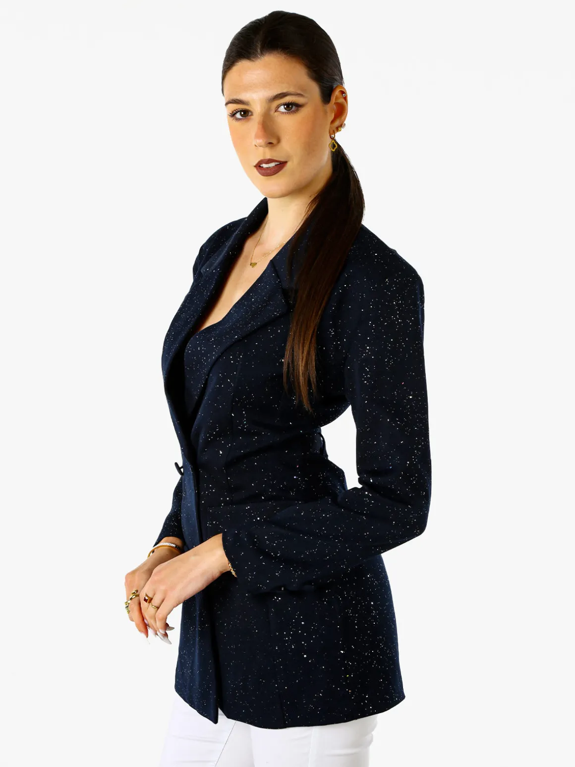 Solada Blazer donna elegante con brillantini e chiusura a doppiopetto - blu scuro