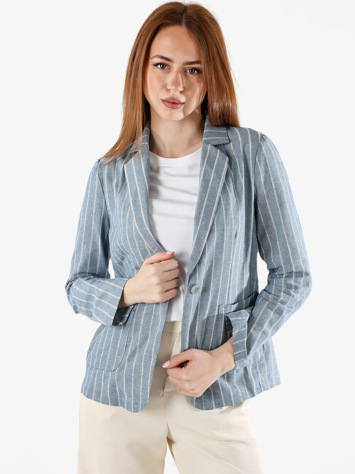 Solada Blazer donna in misto lino e cotone con stampa a righe - blu
