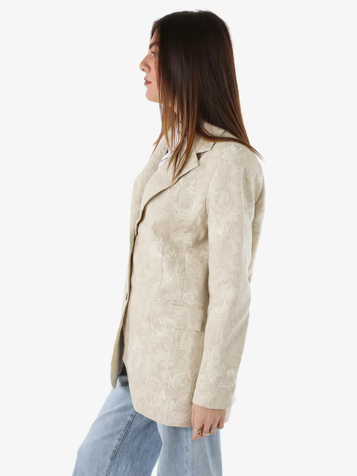 Solada Blazer donna oversize in cotone con ricami - beige