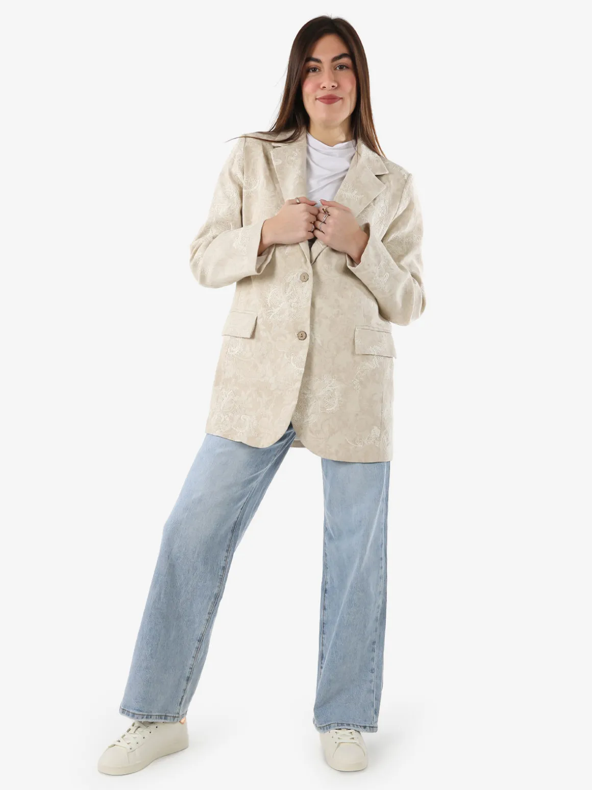 Solada Blazer donna oversize in cotone con ricami - beige