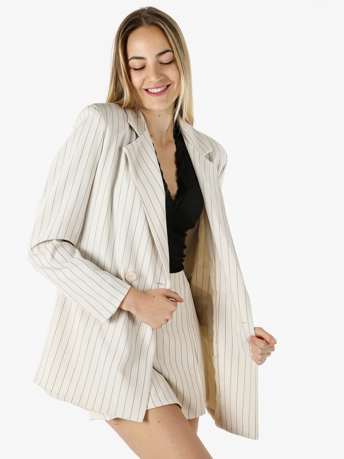 Solada Blazer donna oversize gessato con chiusura a doppiopetto - beige