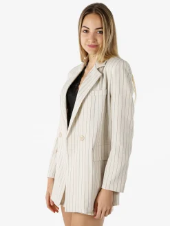 Solada Blazer donna oversize gessato con chiusura a doppiopetto - beige