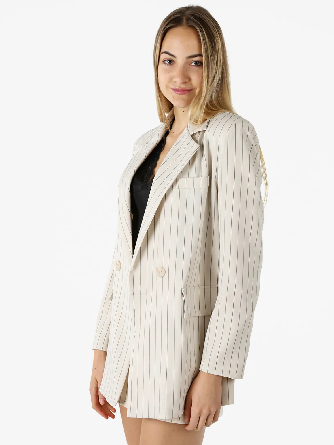 Solada Blazer donna oversize gessato con chiusura a doppiopetto - beige