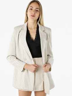 Solada Blazer donna oversize gessato con chiusura a doppiopetto - beige