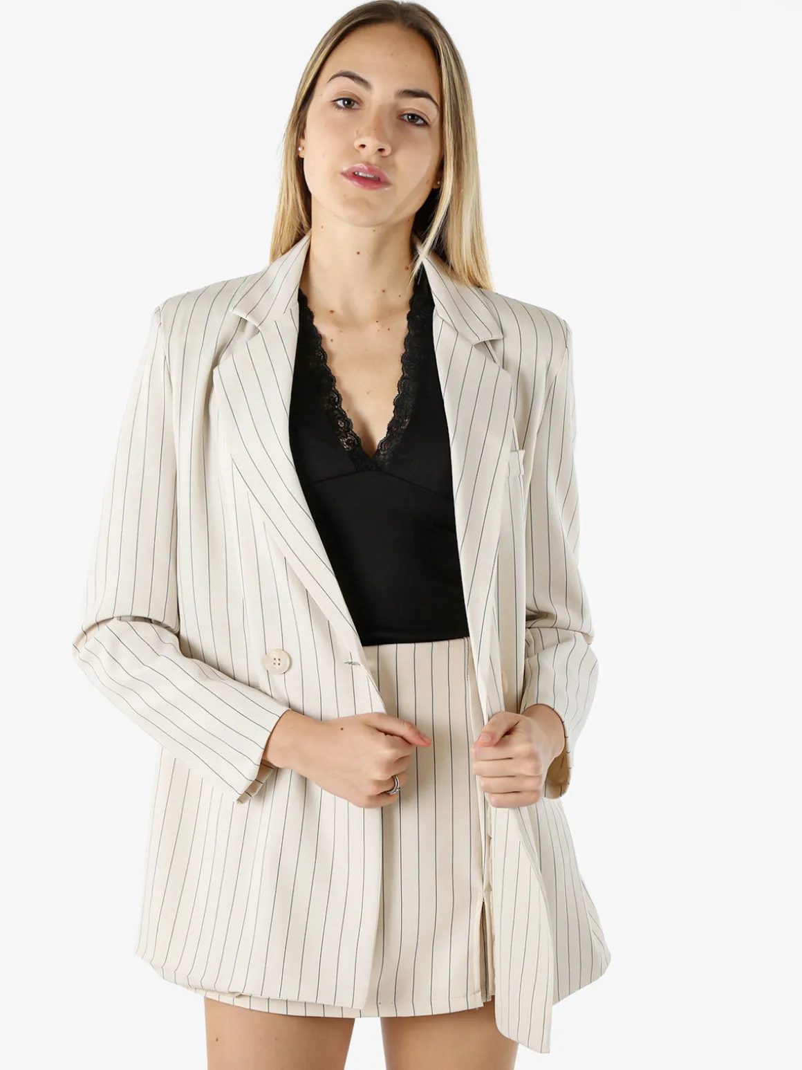 Solada Blazer donna oversize gessato con chiusura a doppiopetto - beige
