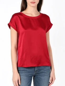Solada Blusa da donna a maniche corte con parte davanti effetto raso - bordeaux