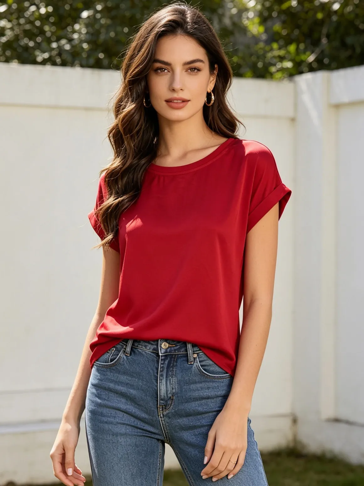 Solada Blusa da donna a maniche corte con parte davanti effetto raso - bordeaux