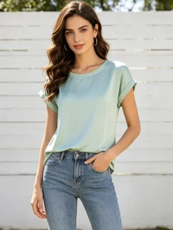 Solada Blusa da donna a maniche corte con parte davanti effetto raso - acqua marina