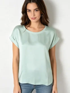 Solada Blusa da donna a maniche corte con parte davanti effetto raso - acqua marina