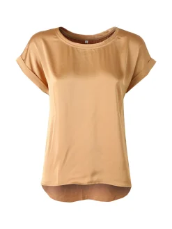 Solada Blusa da donna a maniche corte con parte davanti effetto raso - cammello