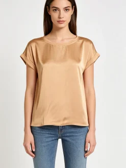 Solada Blusa da donna a maniche corte con parte davanti effetto raso - cammello