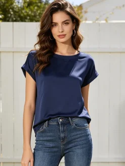 Solada Blusa da donna a maniche corte con parte davanti effetto raso - blu scuro