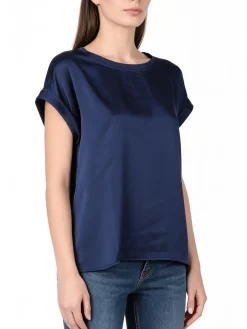 Solada Blusa da donna a maniche corte con parte davanti effetto raso - blu scuro