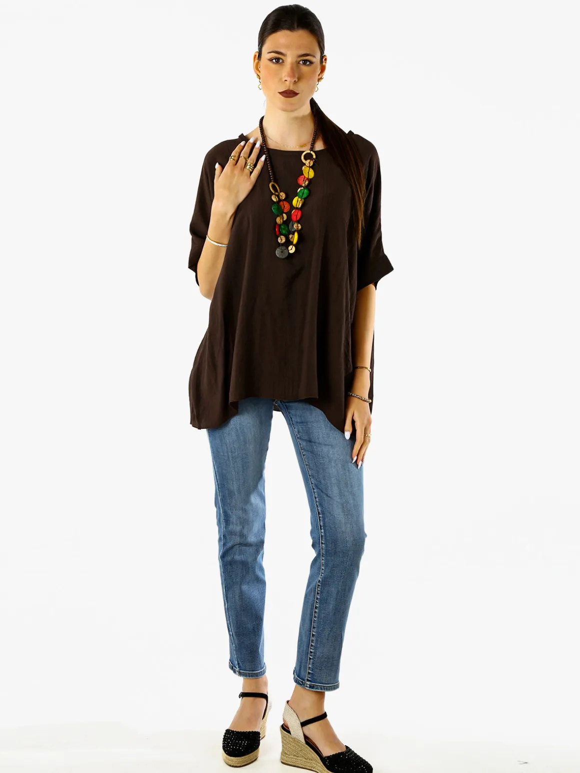 Solada Blusa da donna a maniche corte a pipistrello - moro