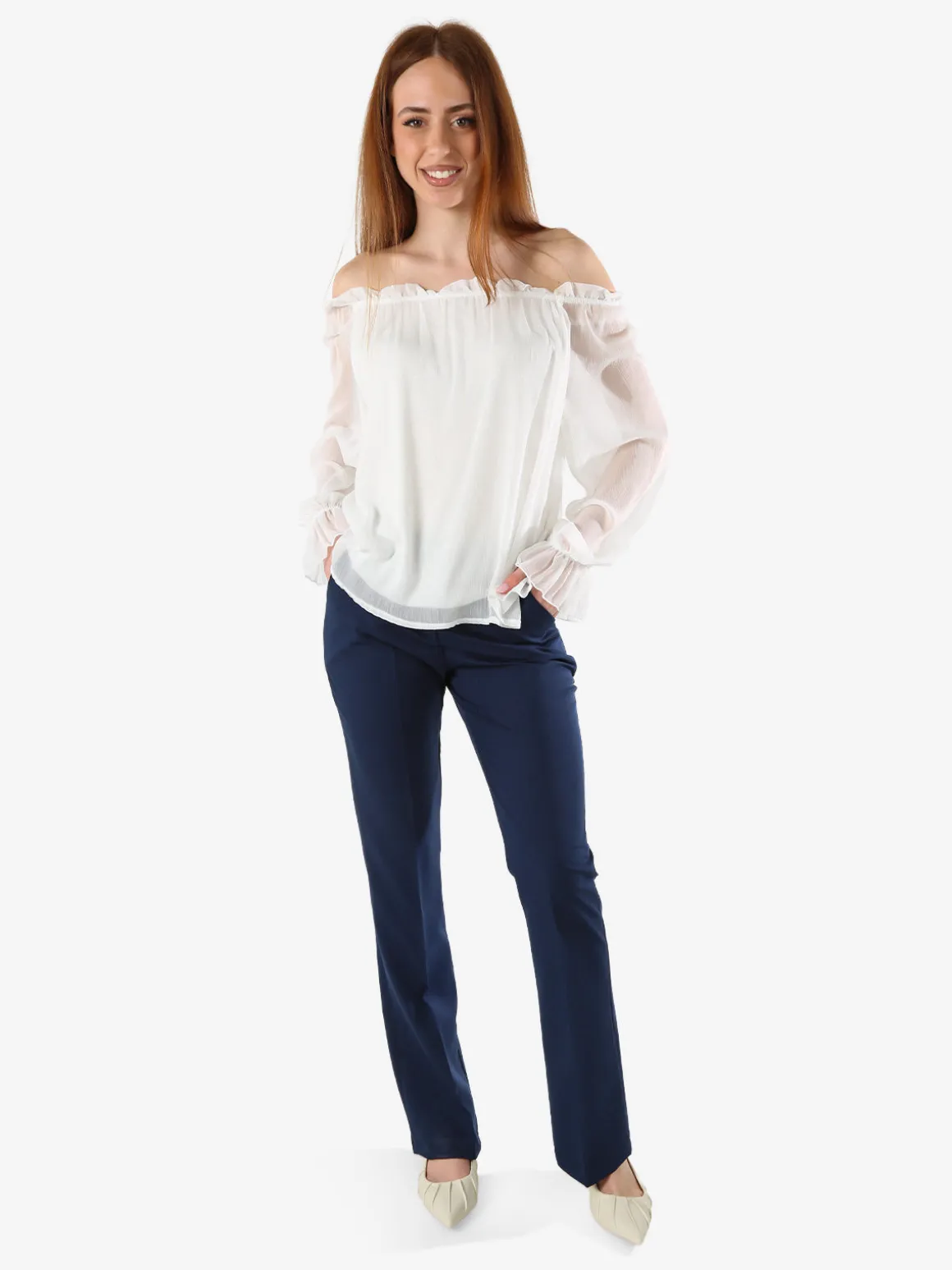 Solada Blusa da donna a maniche lunghe velate con scollo a barchetta - bianco