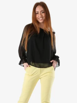 Solada Blusa da donna a maniche lunghe velate con scollo a barchetta - nero