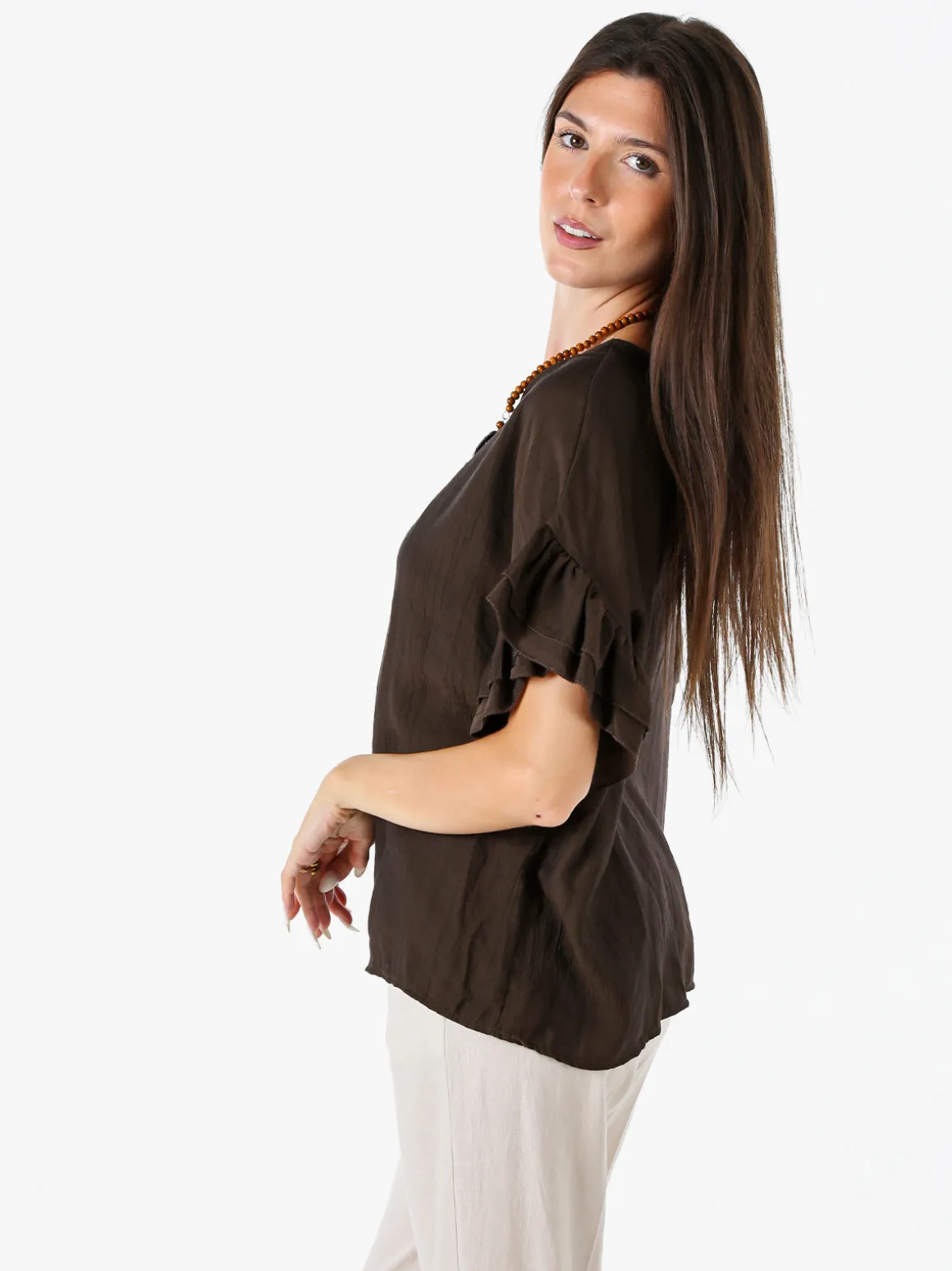 Solada Blusa da donna con maniche corte a volant - moro