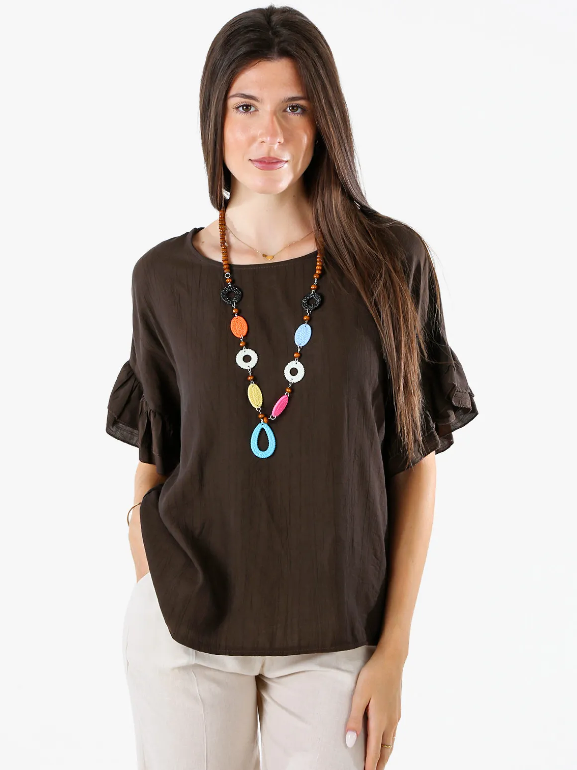 Solada Blusa da donna con maniche corte a volant - moro