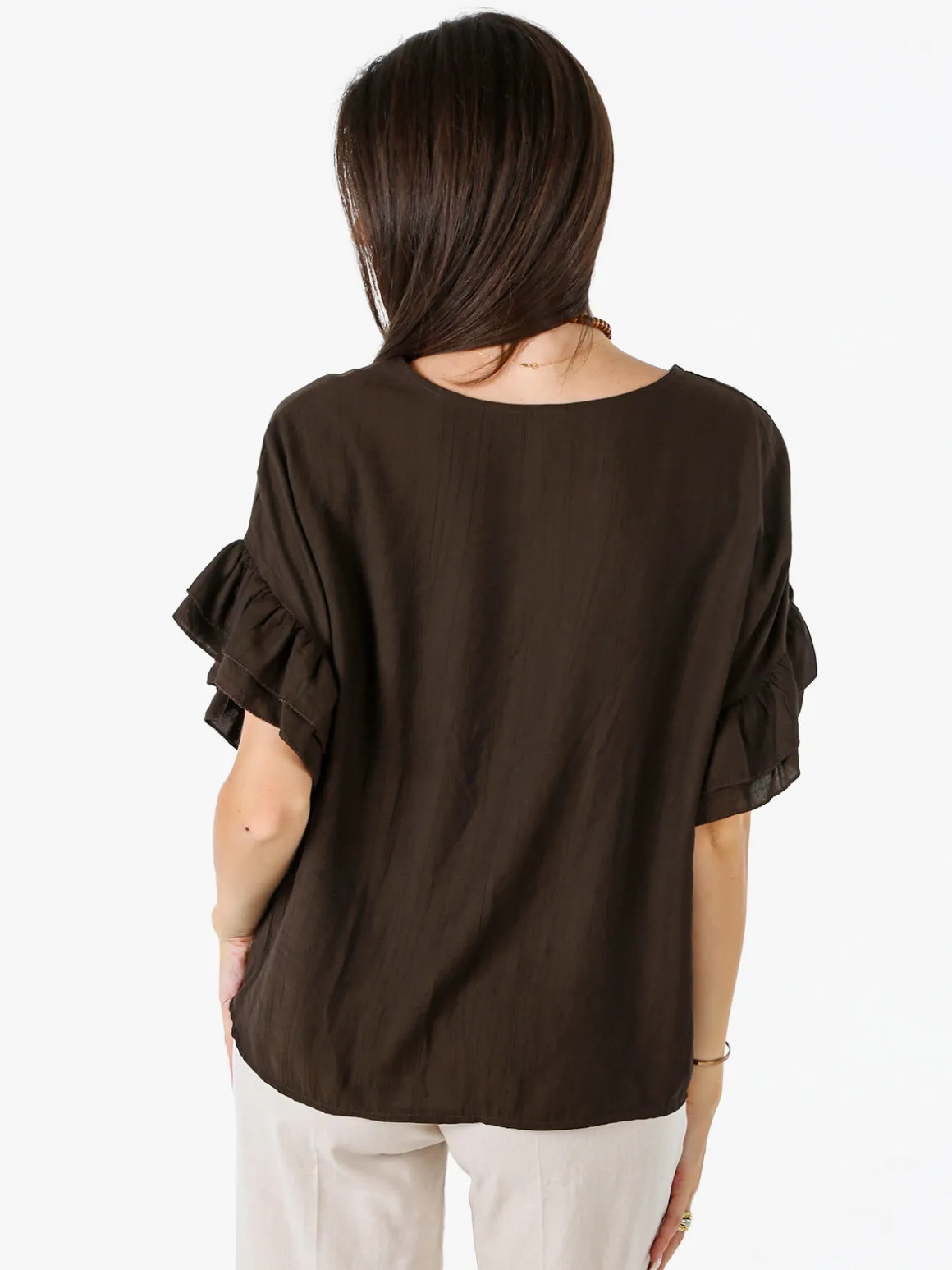 Solada Blusa da donna con maniche corte a volant - moro
